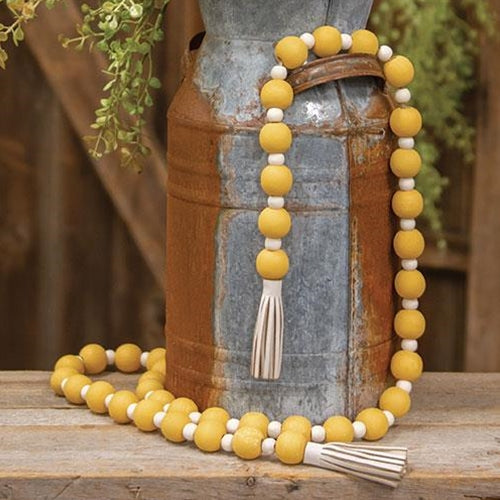 Distressed Yellow and White Bead Garland w/Tassels