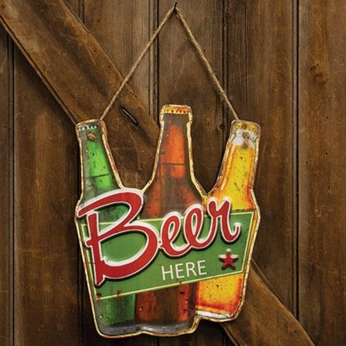 Beer Here Bottles Hanging Metal Sign
