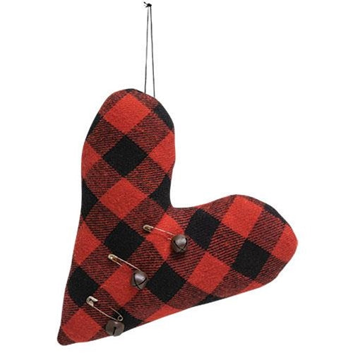 Felt Red & Black Buffalo Check Heart Pillow Ornament w/Rusty Jingle Bells