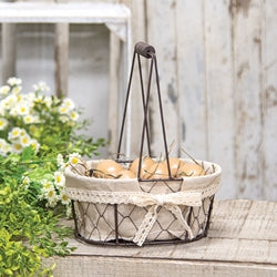 Fabric Lined Chicken Wire Oval Basket w/Lace Bow & Handle
