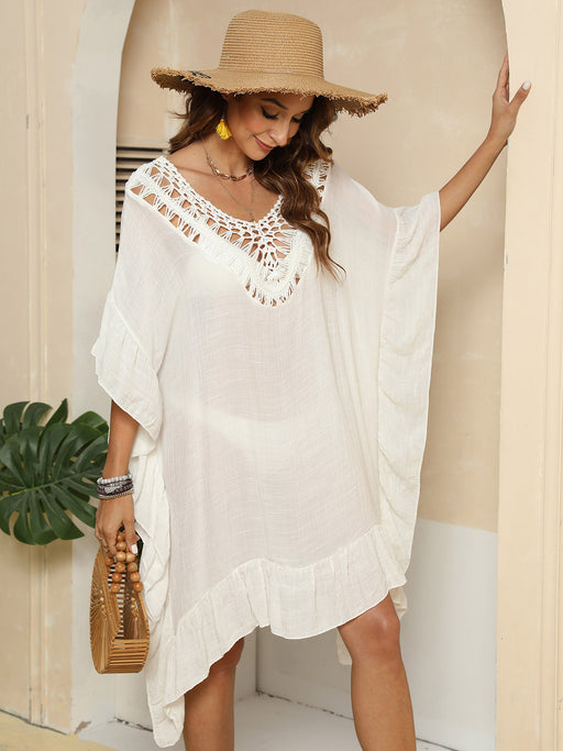 Cutout Ruffled Half Sleeve Cover-Up Ivory One Size