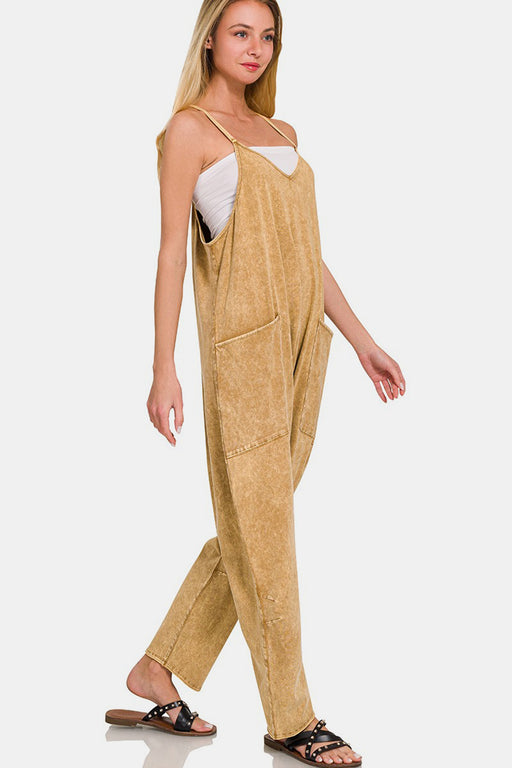 Zenana Spaghetti Strap Jumpsuit with Pockets Camel