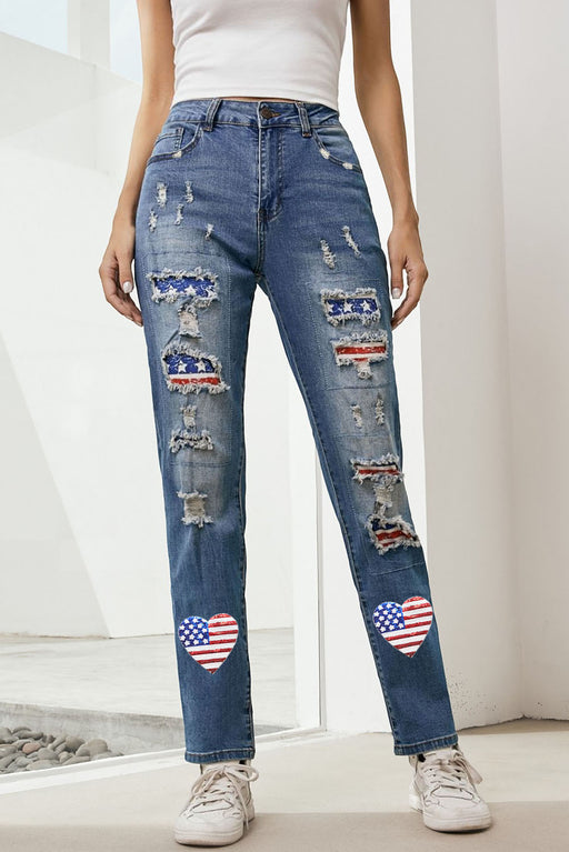 US Flag Distressed Straight Jeans Medium