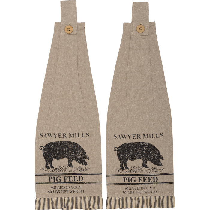 Sawyer Mill Charcoal Pig Button Loop Kitchen Towel Set of 2