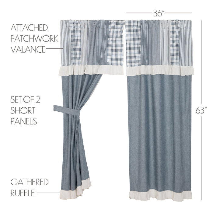 Sawyer Mill Blue Chambray Solid Short Panel with Attached Patchwork Valance Set of 2 63x36