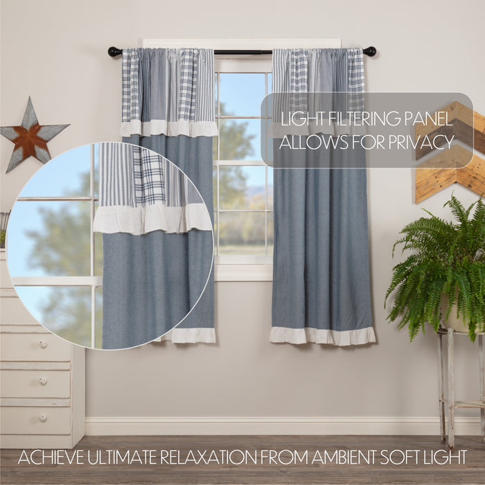 Sawyer Mill Blue Chambray Solid Short Panel with Attached Patchwork Valance Set of 2 63x36