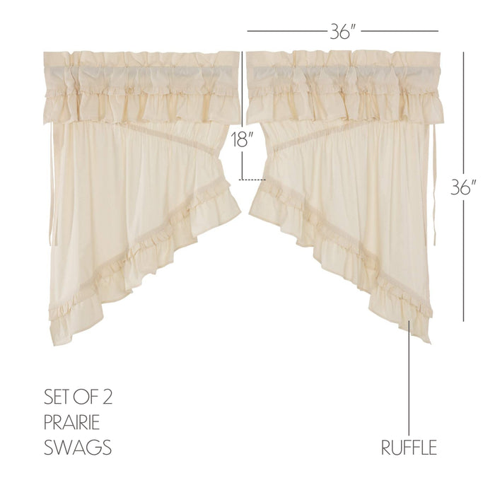 Muslin Ruffled Unbleached Natural Prairie Swag Set of 2 36x36x18