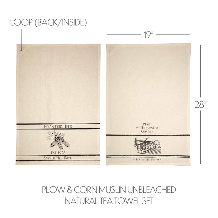 Sawyer Mill Charcoal Plow & Corn Muslin Unbleached Natural Tea Towel Set of 2 19x28