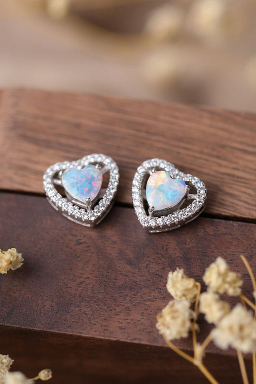 925 Sterling Silver Opal Heart Stud Earrings White One Size