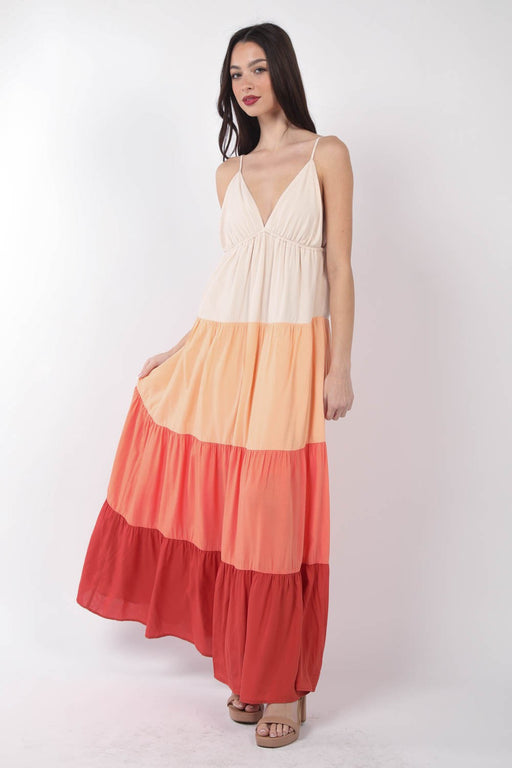 VERY J Color Block Tiered Maxi Cami Dress Sunset Mix