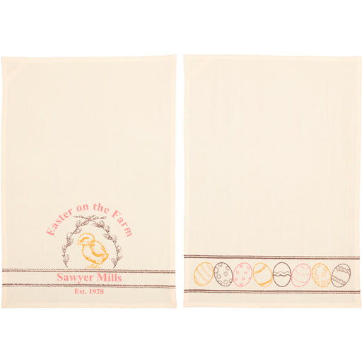 Sawyer Mill Easter on the Farm Chick Unbleached Natural Muslin Tea Towel Set of 2 19x28