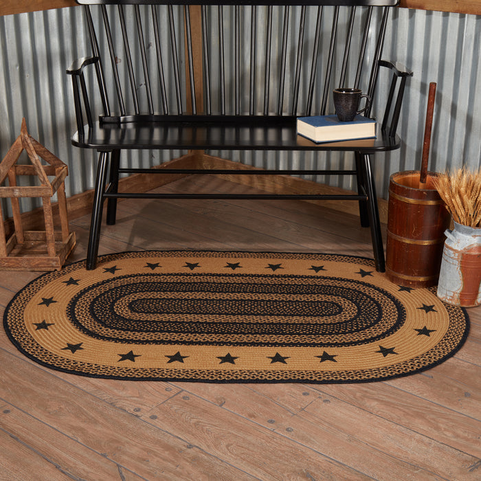 Farmhouse Jute Rug Oval Stencil Stars Border w/ Pad 36x60