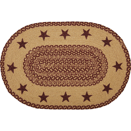 Burgundy Tan Jute Rug Oval Stencil Stars w/ Pad 20x30