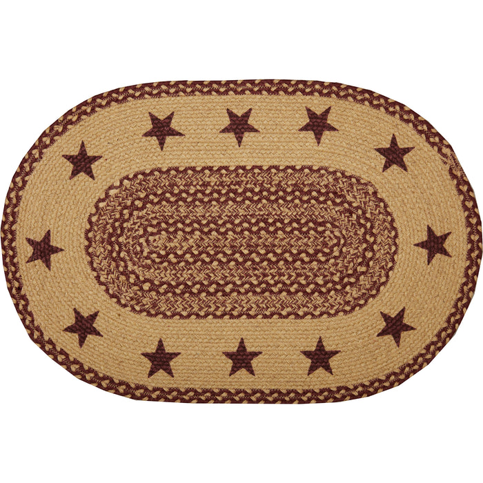 Burgundy Tan Jute Rug Oval Stencil Stars w/ Pad 20x30