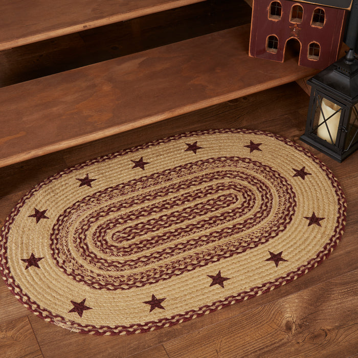 Burgundy Tan Jute Rug Oval Stencil Stars w/ Pad 24x36