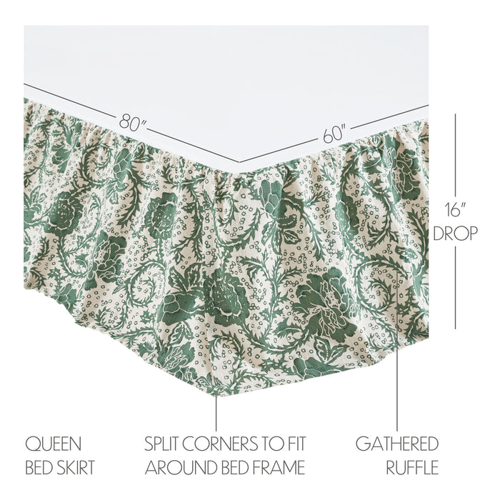 Dorset Green Floral Queen Bed Skirt 60x80x16