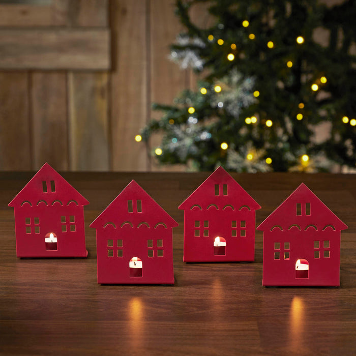 Tealight Holder House Barn Red Set of 4 4.5x3.75x2.25