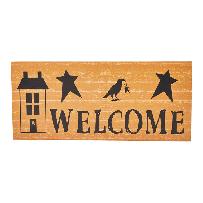 Prim Stars w/ Raven Saltbox House Mustard Base Welcome MDF Sign 7x16