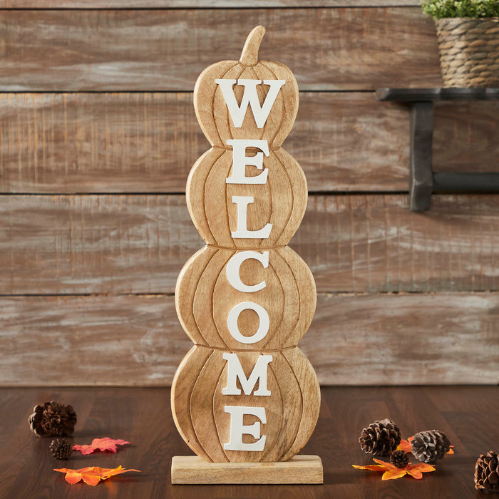 Pumpkin Stack Welcome Wooden Sign Large 24.5x8.25x3