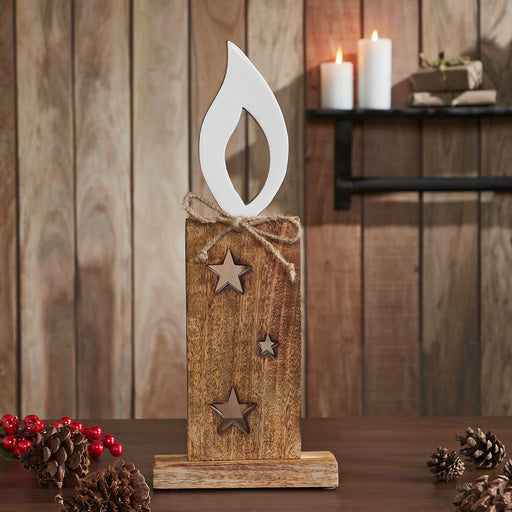 White Flame Natural Candle w/ Stars Wooden Figurine 17x7x2