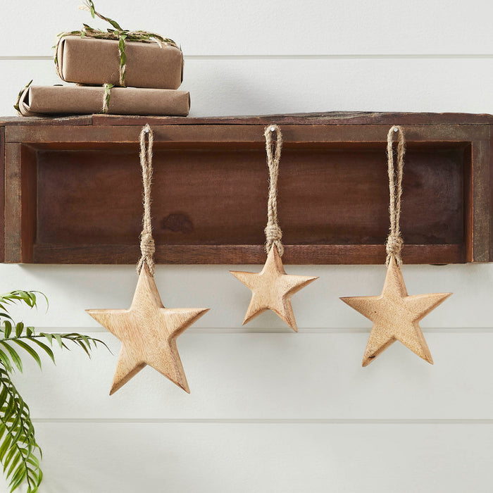 Wooden Star Natural Decorative Ornament Set of 3 Sizes