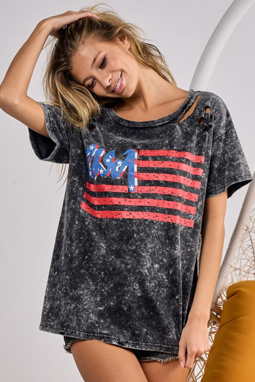 BiBi US Flag Washed Laser Cut T-Shirt Black Charcoal
