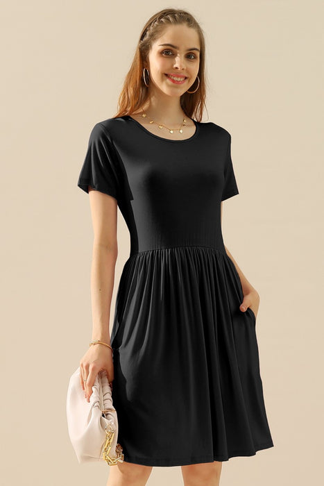 Ninexis Full Size Round Neck Ruched Dress with Pockets BLACK