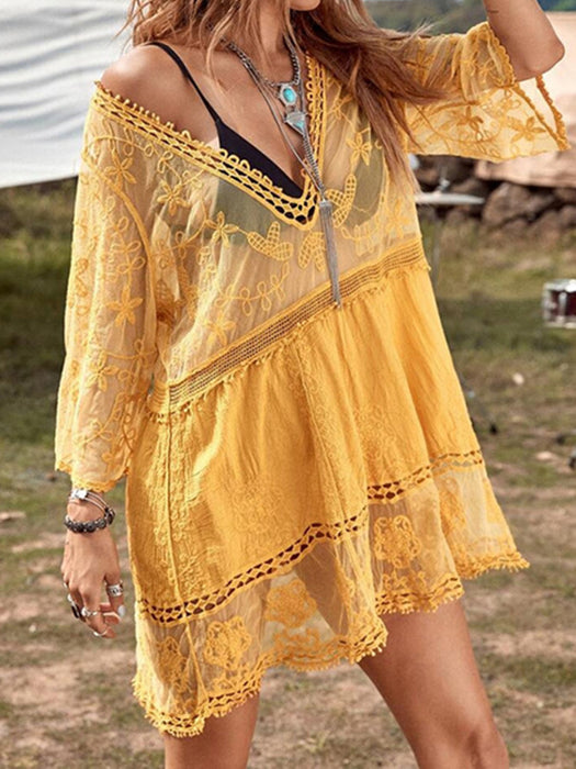 Lace Detail Plunge Cover-Up Dress Mustard One Size