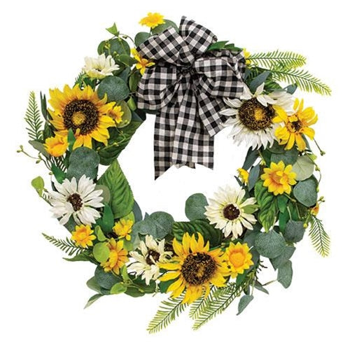 Daisy & Eucalyptus Wreath with Buffalo Check Bow