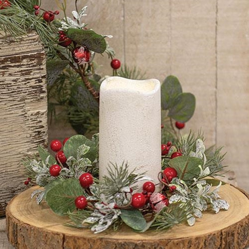Snowy Holiday Red Berry & Bell Candle Ring
