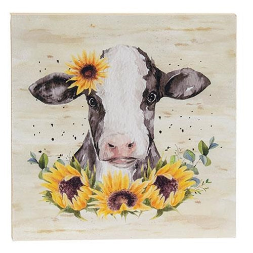 Cow With Sunflowers Square Wooden Block