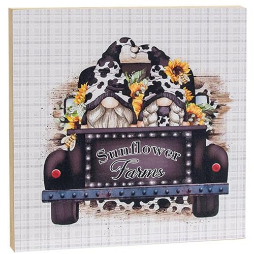Gnomes in Truck With Sunflowers Square Wooden Block
