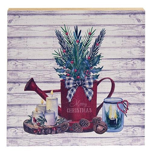 Pine in Merry Christmas Watering Can Square Wooden Block