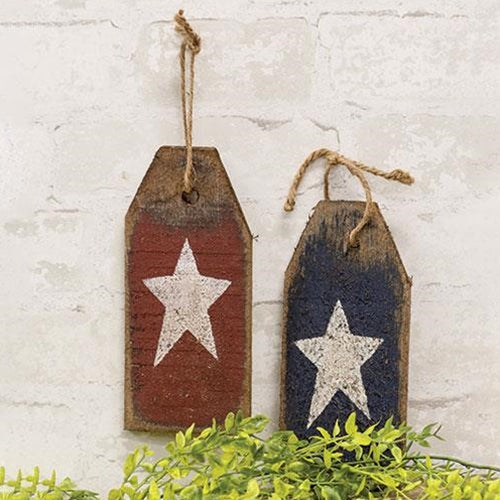 Rustic Wood Red or Blue Tag w/White Star 2 Asstd.