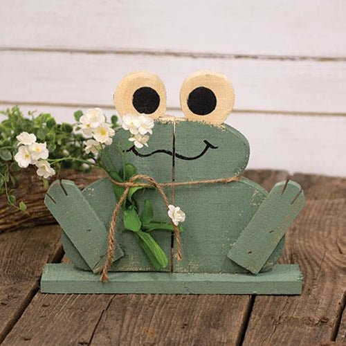 Rustic Wood Happy Frog on Base w/Flowers