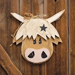 Rustic Wood Hanging Welcome Highland Cow Head