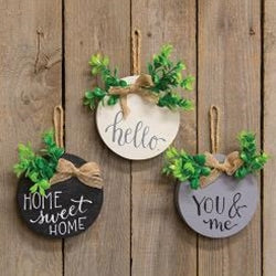 You & Me Round Door Sign Ornament w/Greenery 3 Asstd.