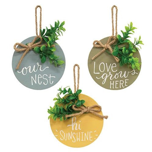 Our Nest Round Sign Ornament w/Greenery 3 Asstd.