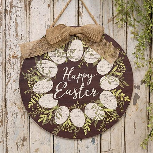 Happy Easter White Easter Egg Wreath Round Sign w/Burlap Bow