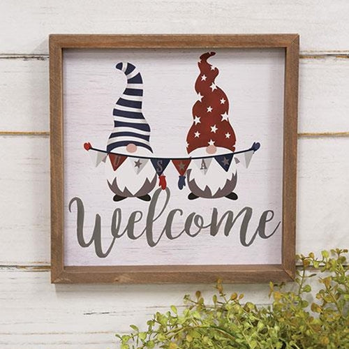 Gnome Duo USA Welcome Framed Sign