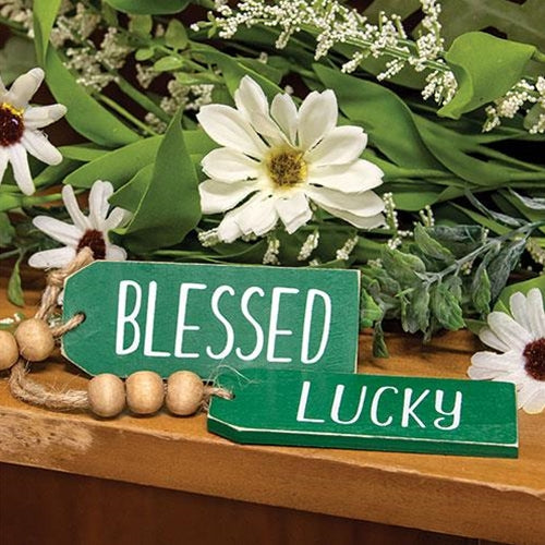 Blessed Or Lucky Green Wooden Tag 2 Asstd.
