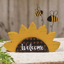Distressed Wooden "Welcome" Sunflower Sitter w/Bees