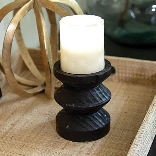 Black Wooden Pillar Candle Holder 4.75"