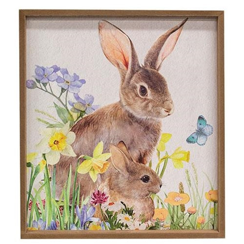 Easter Bunnies in Spring Flowers Wood Framed Sign