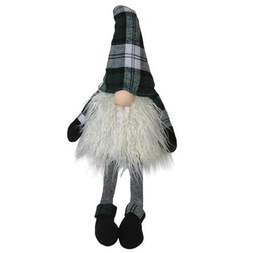 *Sitting Green Plaid Long Leg Santa Gnome