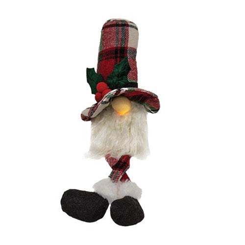 Sm Dangle Leg Plaid Santa Gnome w/LED Light