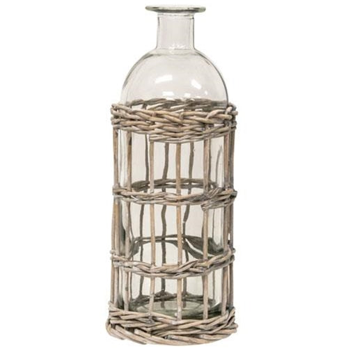 Graywash Willow Wrapped Glass Bottle 9" H