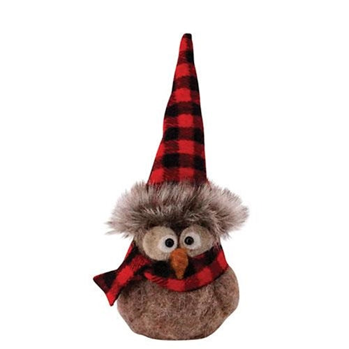 Sitting Felted Owl w/Red/Black Plaid Hat Ornament
