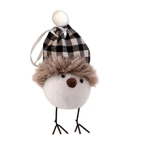 Felted Bird w/Black/White Plaid Hat Ornament