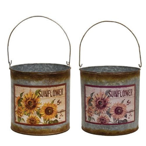2/Set Distressed Galvanized Sunflower Buckets